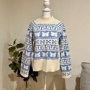 Divided H&M Blue & White Butterfly Greek Key Knit Sweater - Size S